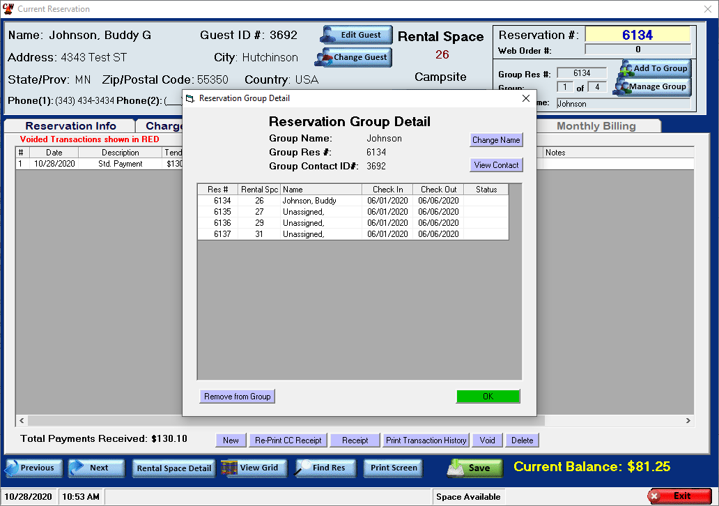 CampWorks screenshot: CampWorks group reservation