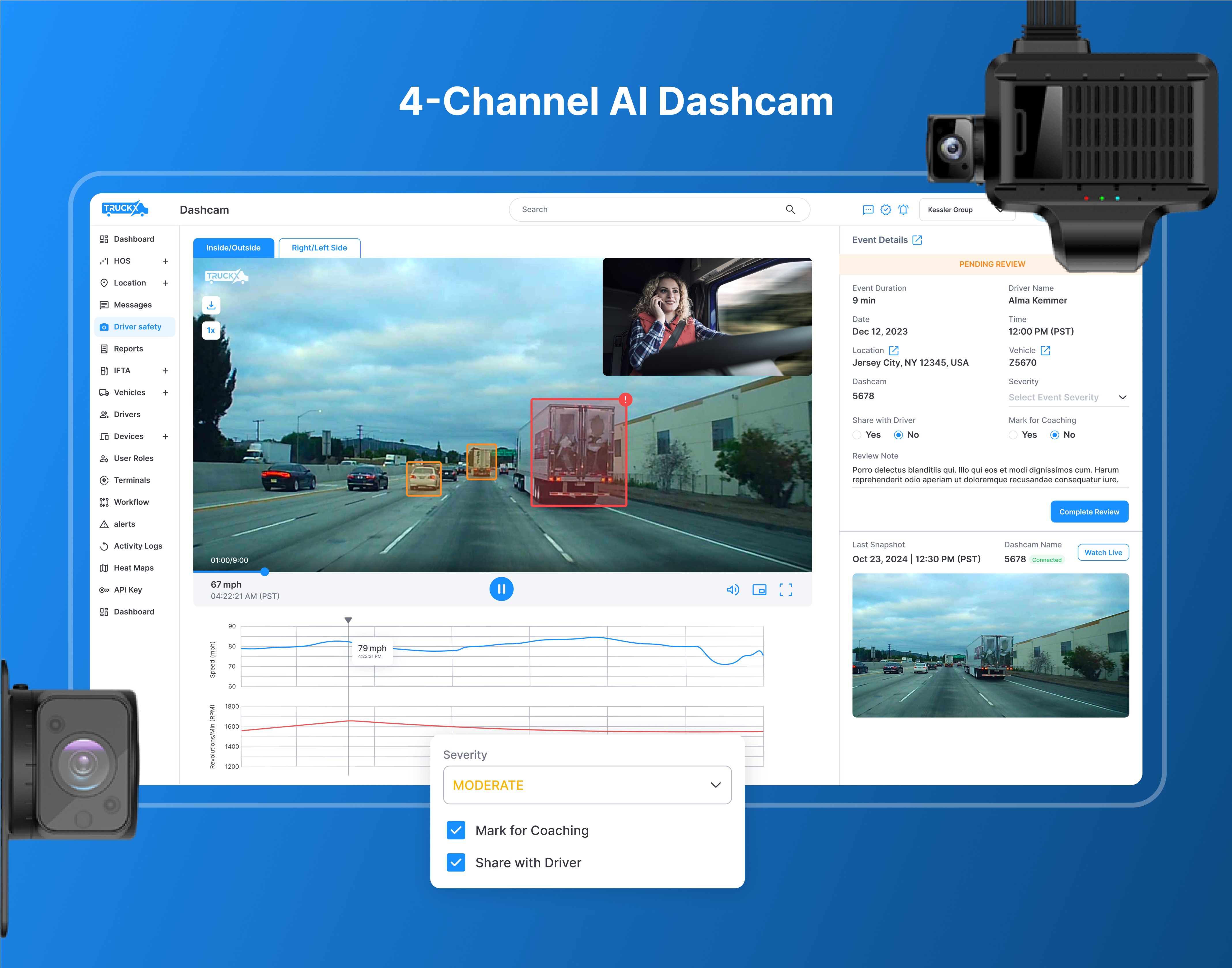 TruckX screenshot: The TruckX 4-Channel AI Dashcam provides complete video monitoring for your fleet’s safety and security. This dashcam monitors and records the road, driver, and vehicle surroundings on four channels and analyzes footage in real time using AI technology.
