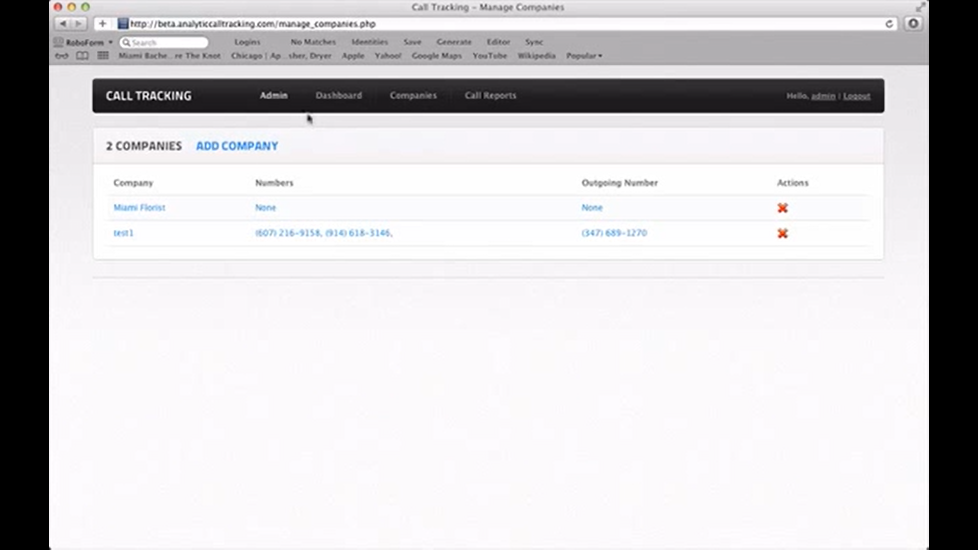 Invigo screenshot: Analytic Call Tracking add companies