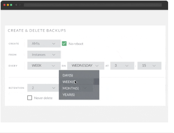 Select creation schedule, set a retention period and apply by tag or instance ID for each backup policy