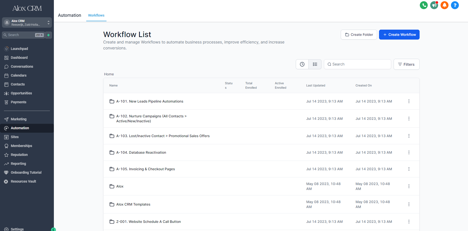 Alox CRM screenshot: Screenshot of Alox CRM - Automations Section