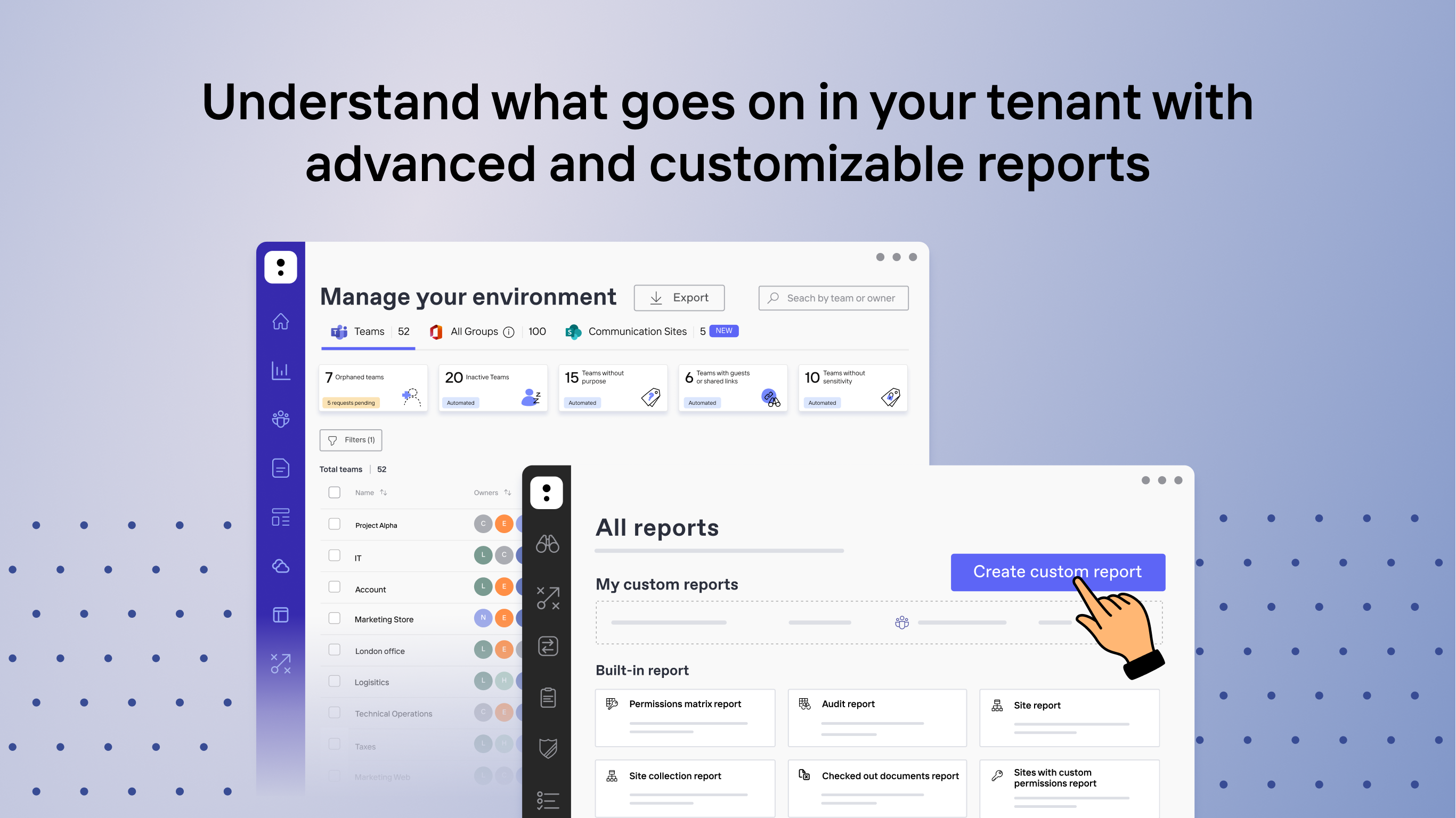 Understand what goes on in your tenant with advanced and customizable reports. 