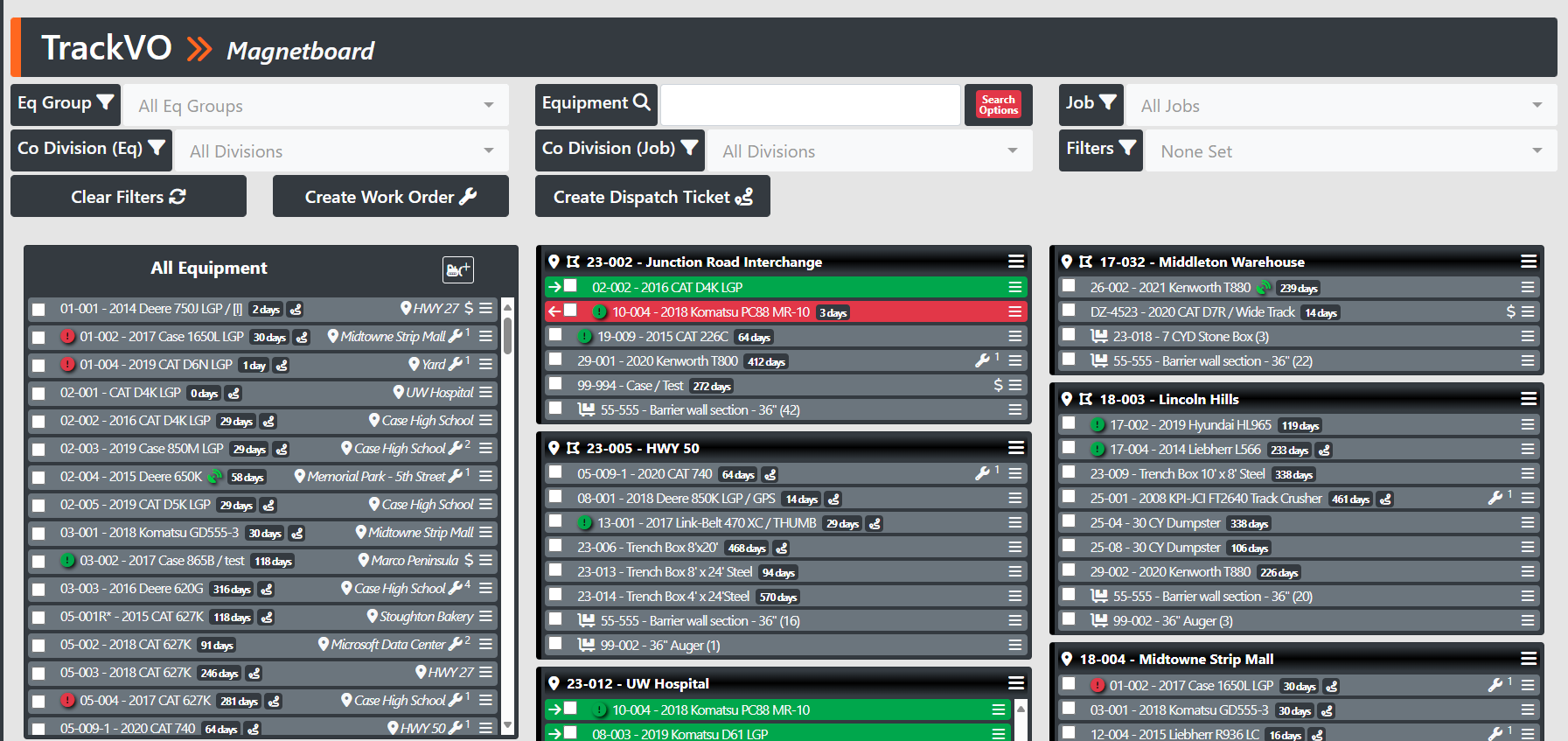 IVO Systems screenshot: With TrackVO, you can view and easily move your equipment locations just like a classic magnet board, but from any device. Filter your equipment by type, job, division, and equipment group.
