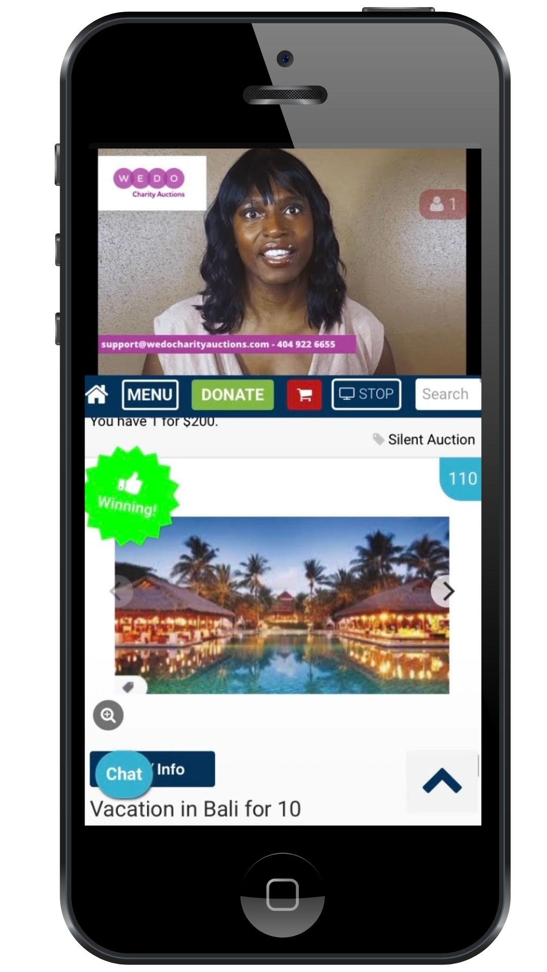 WEDO Charity Auctions screenshot: Live broadcast to your bidding page