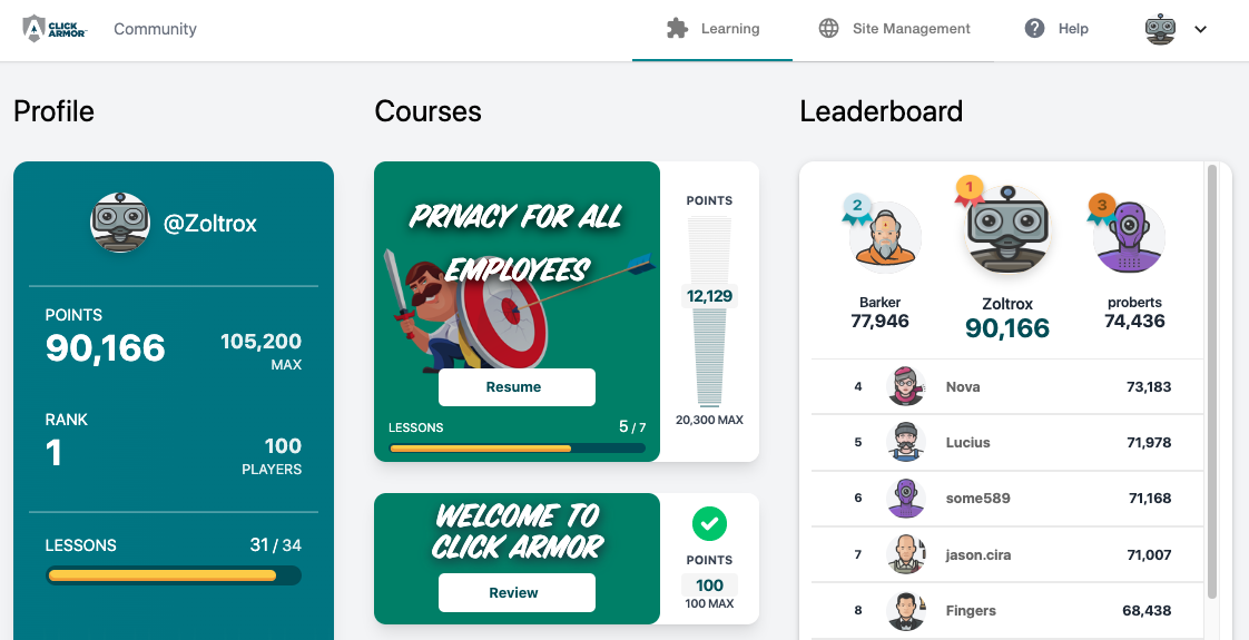 Click Armor employee dashboard and leaderboard drives social engagement and repetition of learning activities.