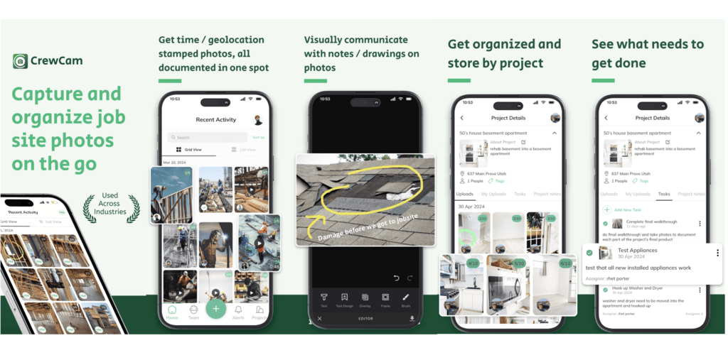 CrewCam screenshot: CrewCam's product screens: photo feed, recent activity, photo editor/annotations, project and task view.