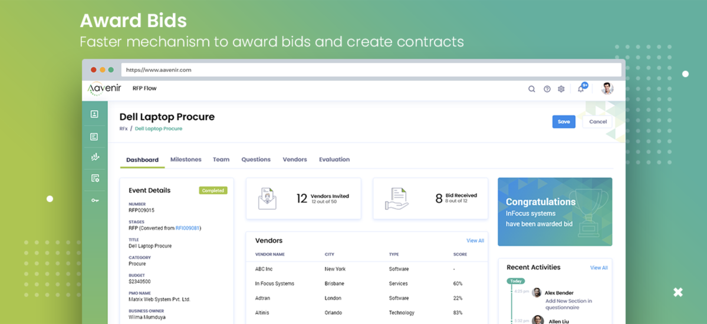 Monitor RFP/RFI/RFQ Status and Sourcing KPIs using Aavenir RFPflow Dashboard