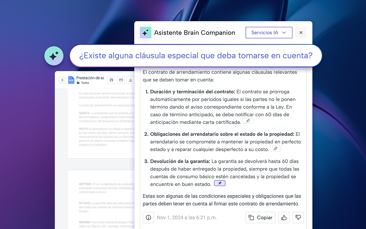 Webdox screenshot: La IA nativa de Webdox actúa como un agente maestro que potencia cada etapa del ciclo contractual de forma segura y responsable, eliminando tareas manuales, aumentando la productividad y fortaleciendo decisiones estratégicas.