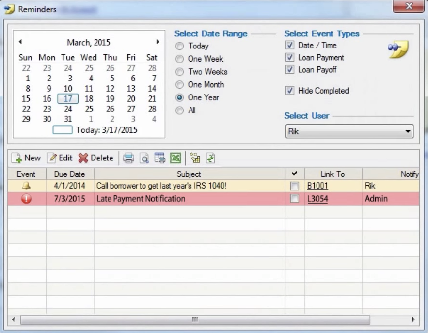 Users can track late payments and schedule reminders in The Loan Office
