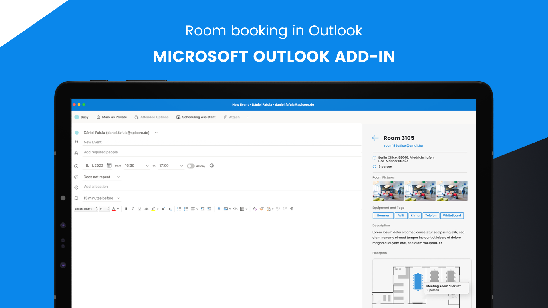Microsoft Outlook Add-In to simplify meeting room bookings. No double bookings possible due to the bidirectional synchronization with Flexopus!