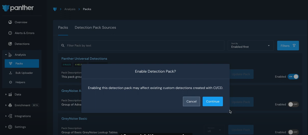 Panther screenshot: Panther detection packs
