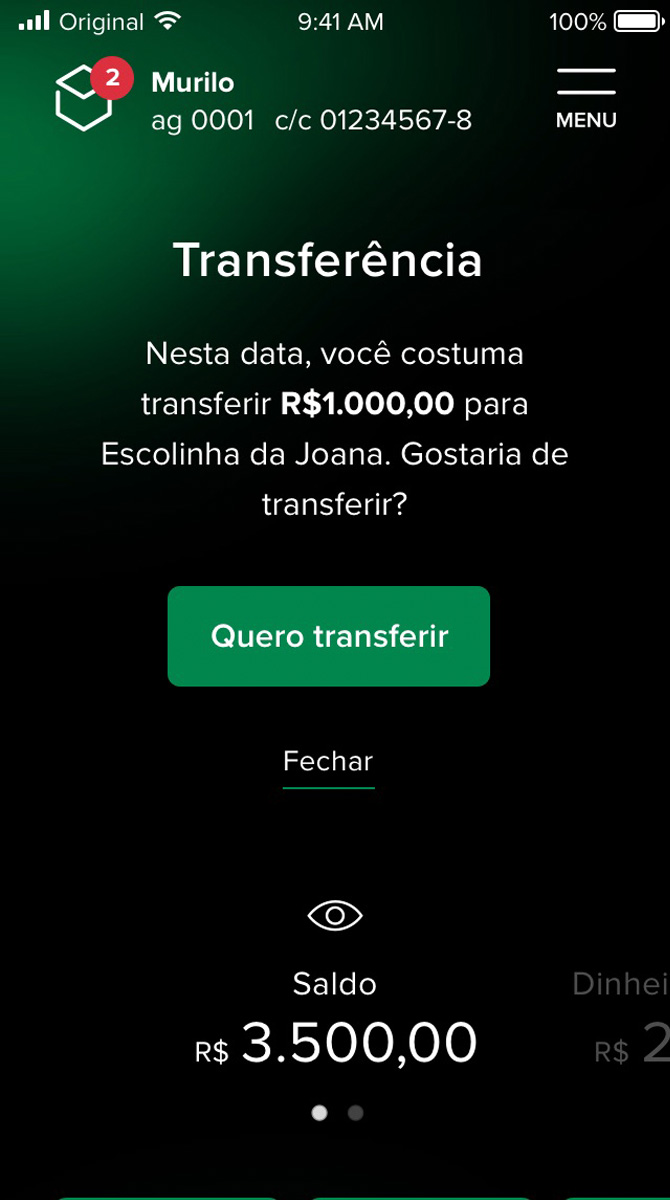 Banco Original screenshot: Mobile Transfers