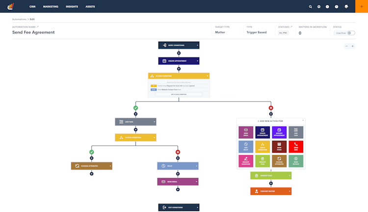 Lawmatics screenshot: The automation engine is an intuitive, visual interface that allows user to create customized workflows by simply connecting the system actions you want to automate (e.g. email, SMS, appointment request, send document). No code needed!