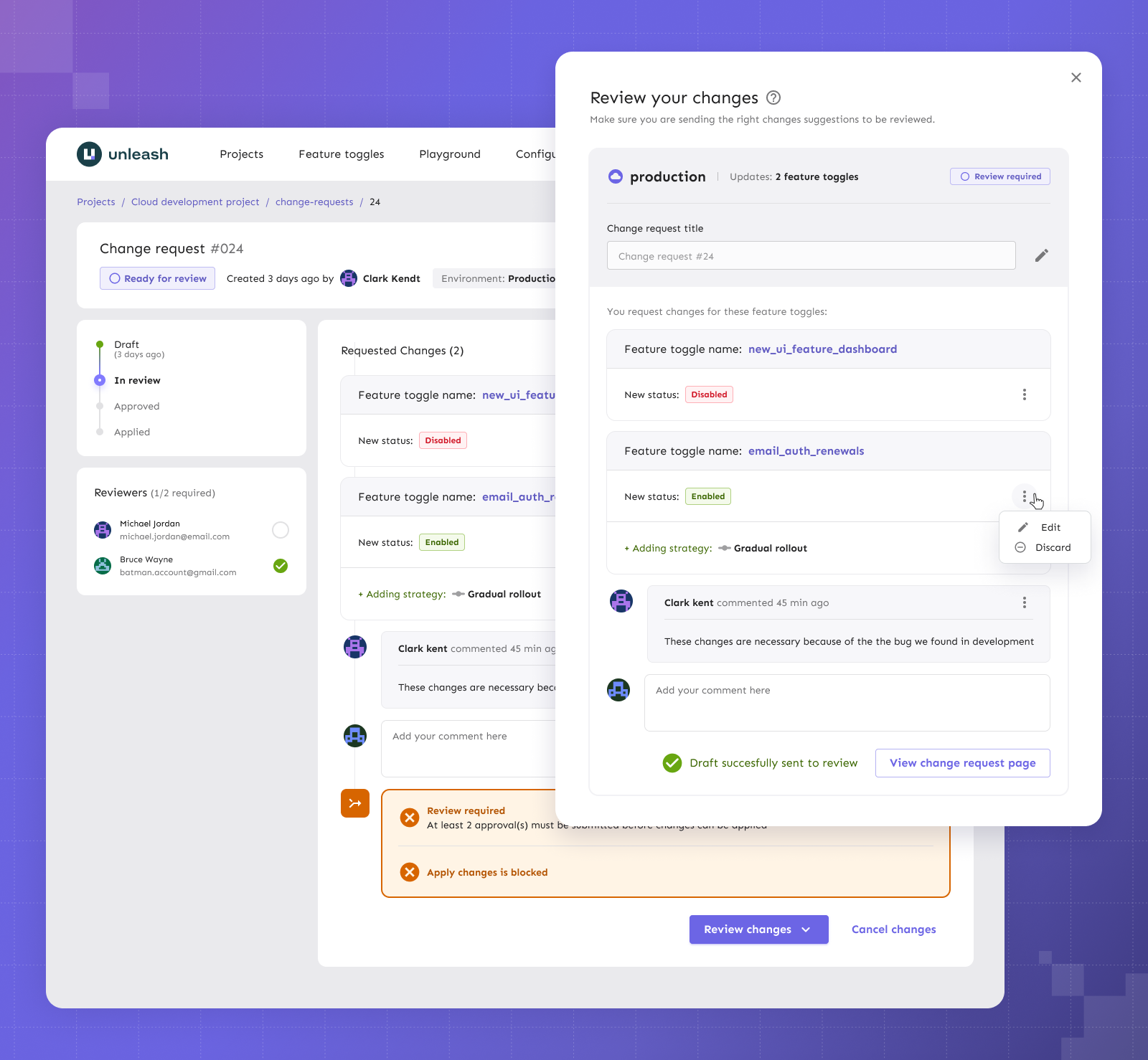 Unleash Software - Change requests allow you to group changes together and apply them to production at the same time, instead of applying changes directly to production. This allows you to make multiple changes to feature flags their configuration and status all at once.