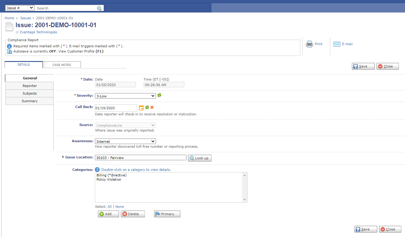 The general tab of a MyCM report. Important information such as the time/date of the intake, severity level, location, and category are all found on under this tab. Other details can be found under the tabs at the left: reporter, subjects, and summary.-thumb