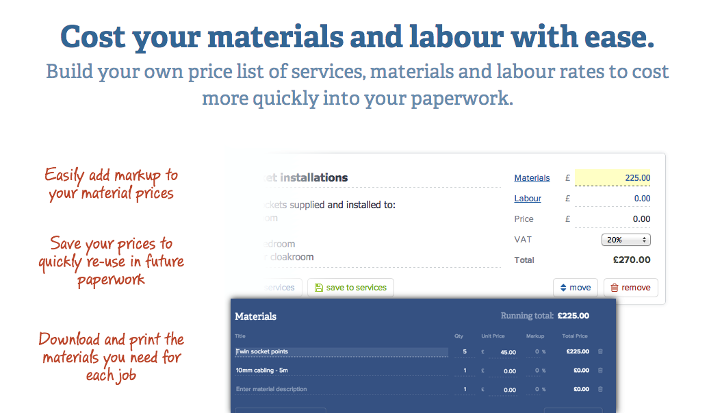 YourTradebase Software - Cost materials and labour - save prices