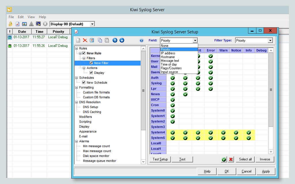 Kiwi Syslog Server message filtering