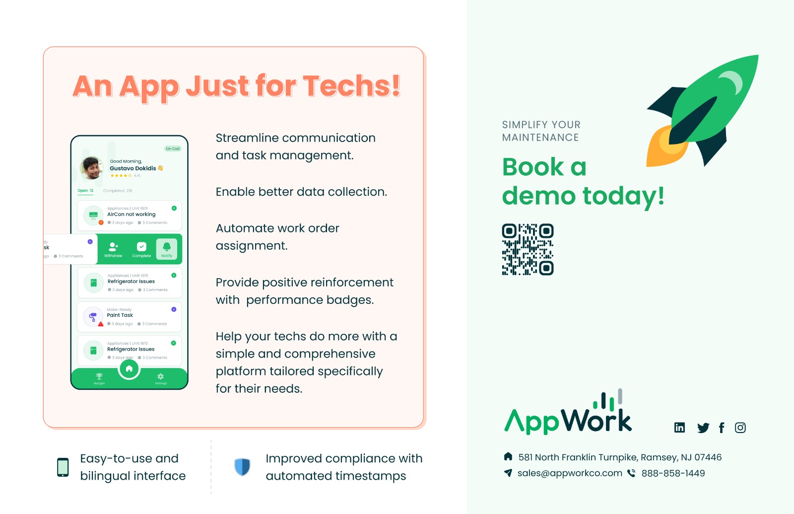 Increase compliance and efficiency with this easy-to-use tech app. Techs can complete work orders and report progress. Facilitate communication with residents and managers.