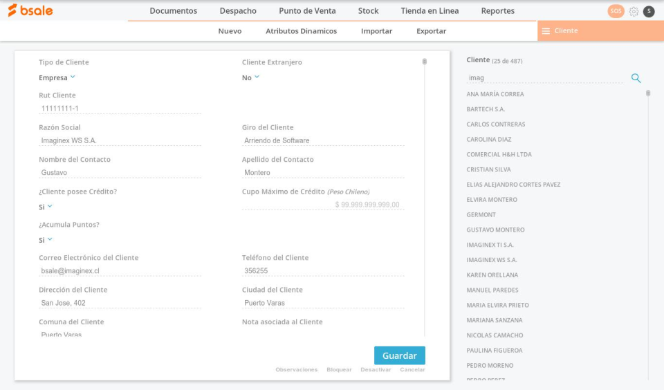 Bsale screenshot: Bsale client details