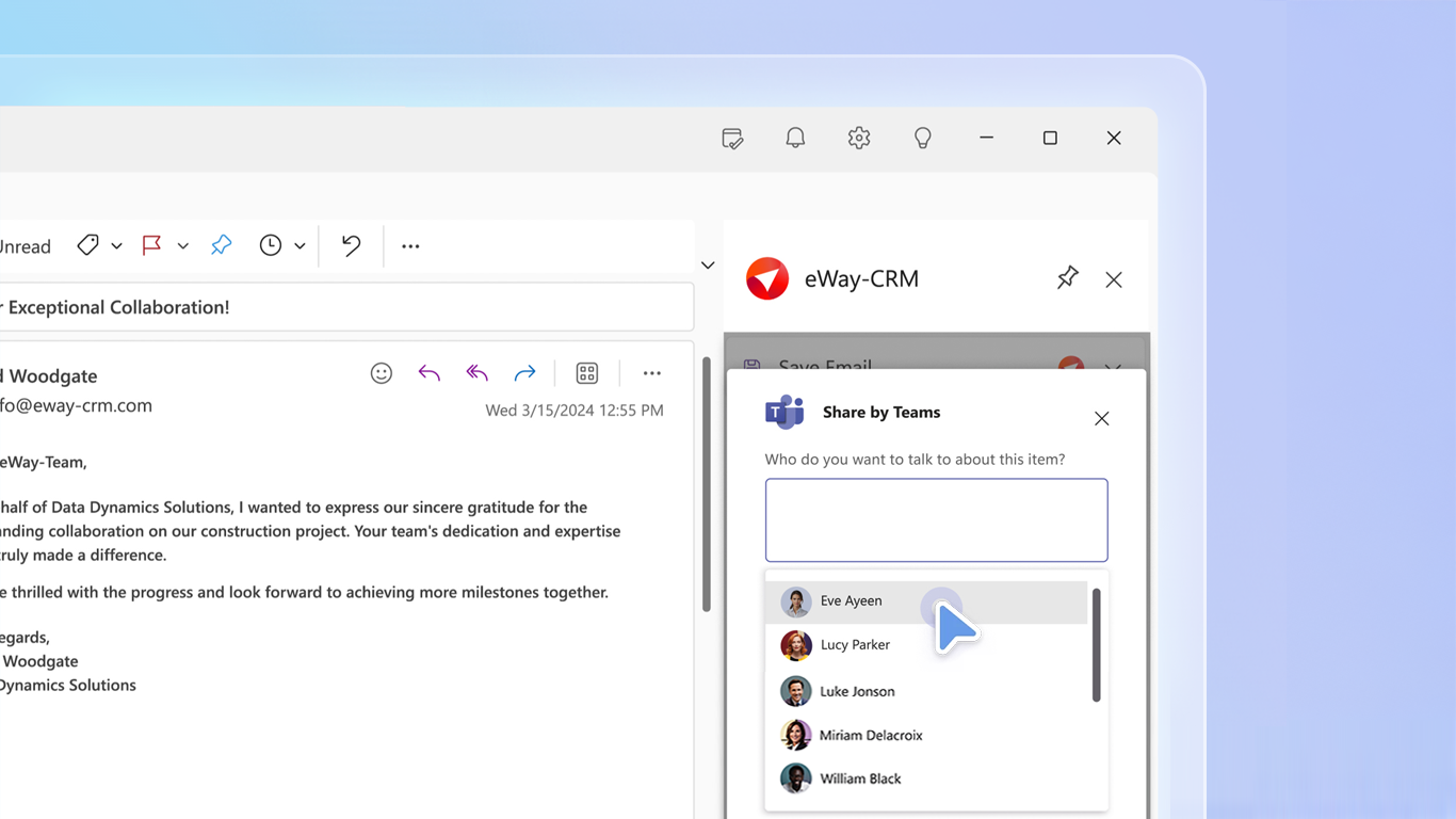 eWay-CRM Software - Open a Teams chat if you need to talk about an email or a customer.