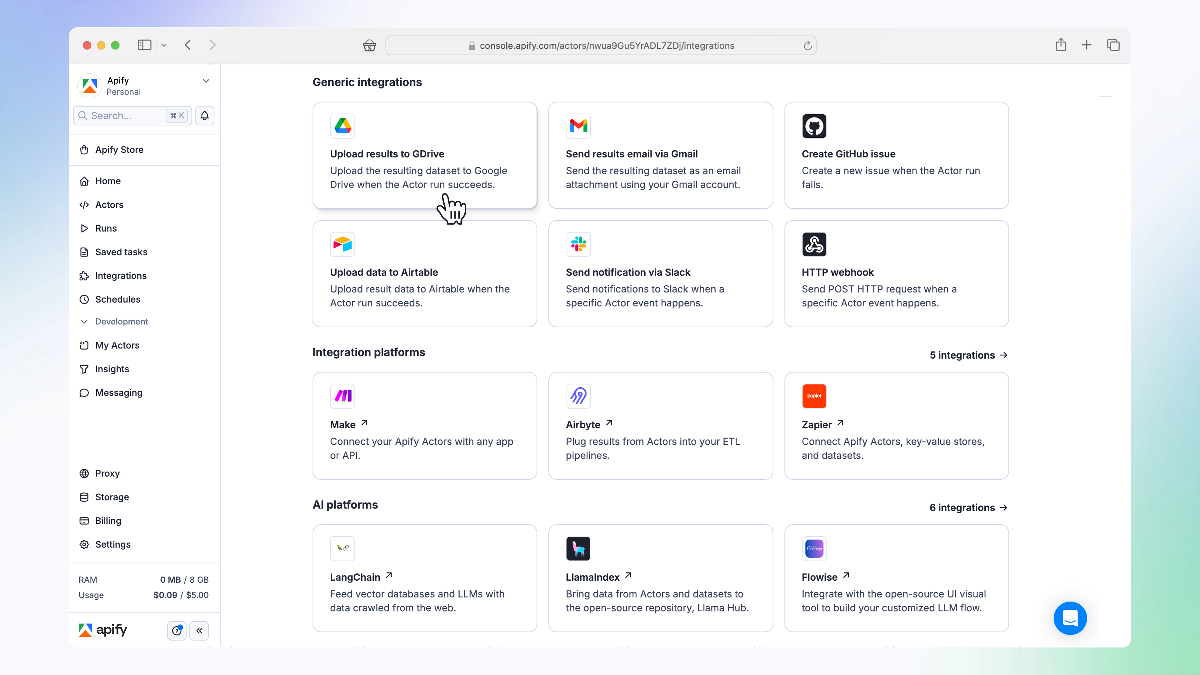 Apify Software - Further automate your workflow by scheduling or integrating your Actors. Connect them with platforms such as Zapier, Make, Google Suite, GitHub or feed your LLMs through LangChain and LlamaIndex.