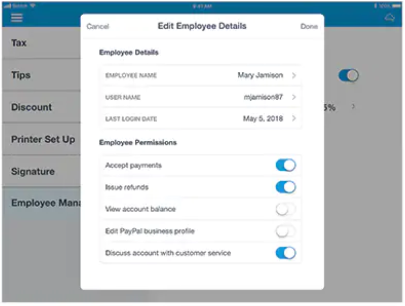 PayPal Zettle Software - PayPal Here edit employee details