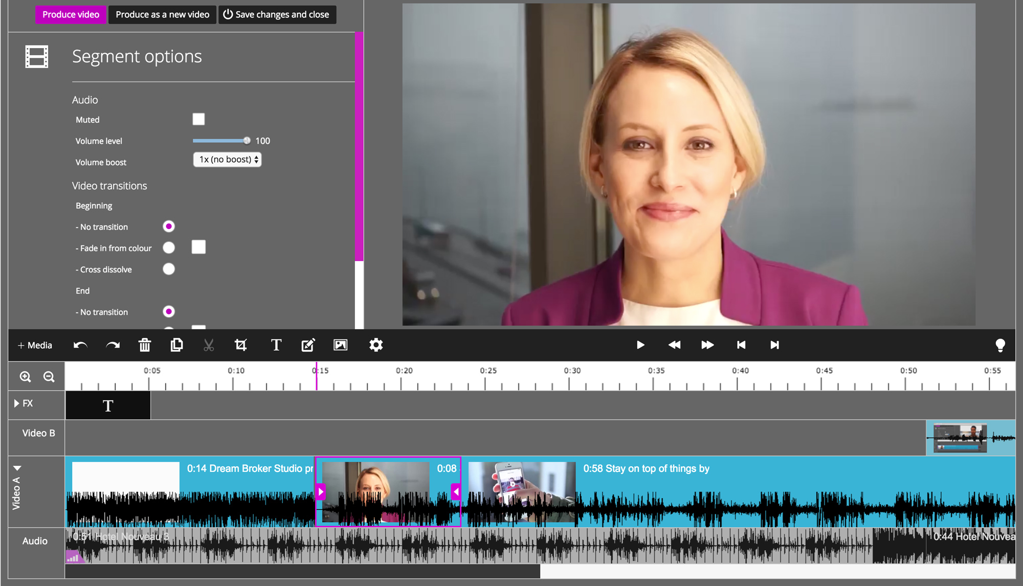 Use our cutting-edge online editor to give your videos a finishing touch. Combine video with audio and images – all in the cloud.