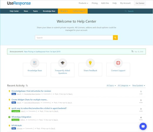 UseResponse screenshot: Support center dashboard