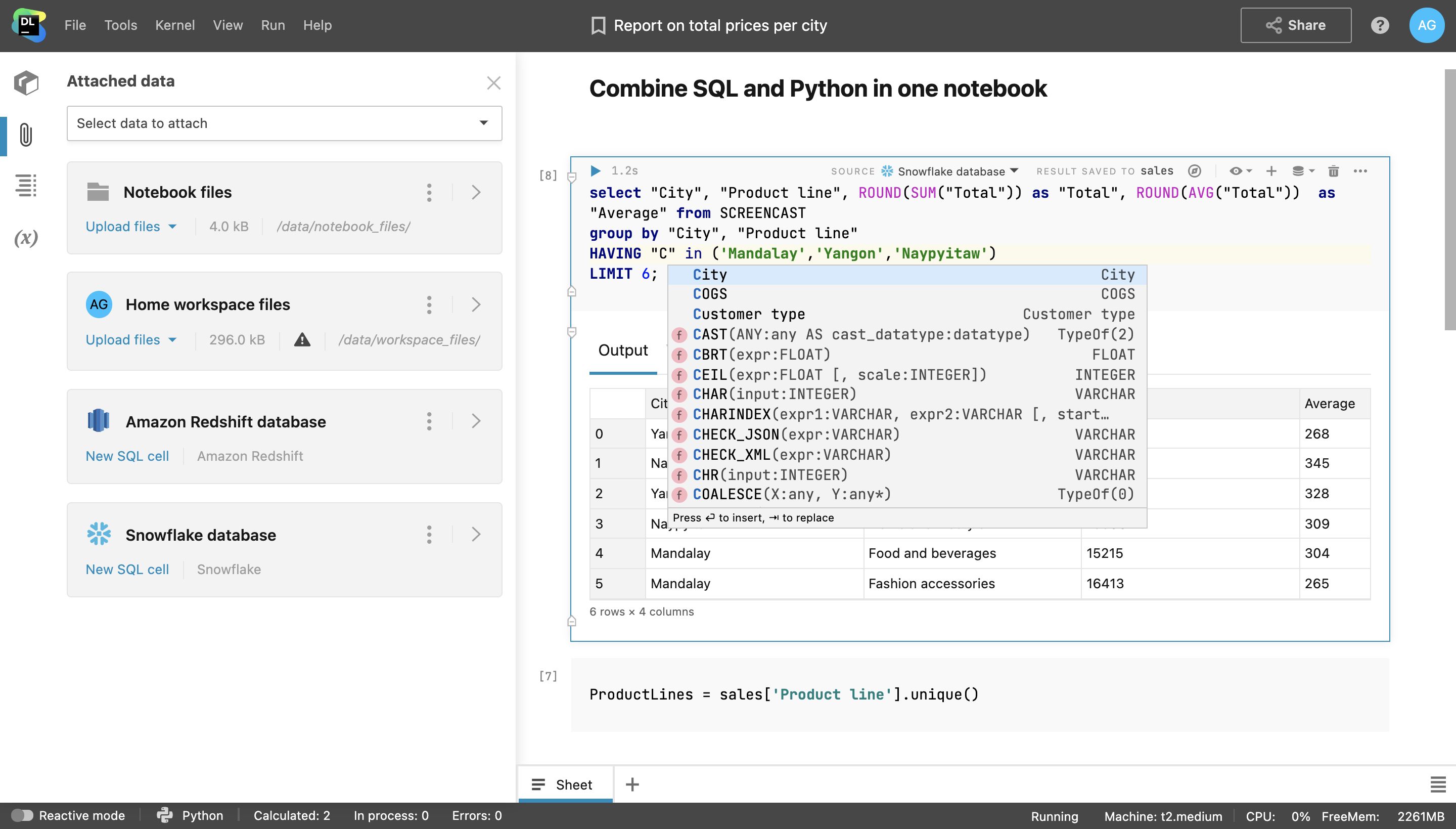 Datalore combine SQL & Python