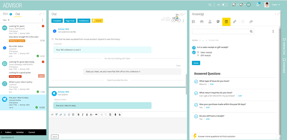 eGain AI Knowledge Hub screenshot: AI guidance for agents during a customer service session