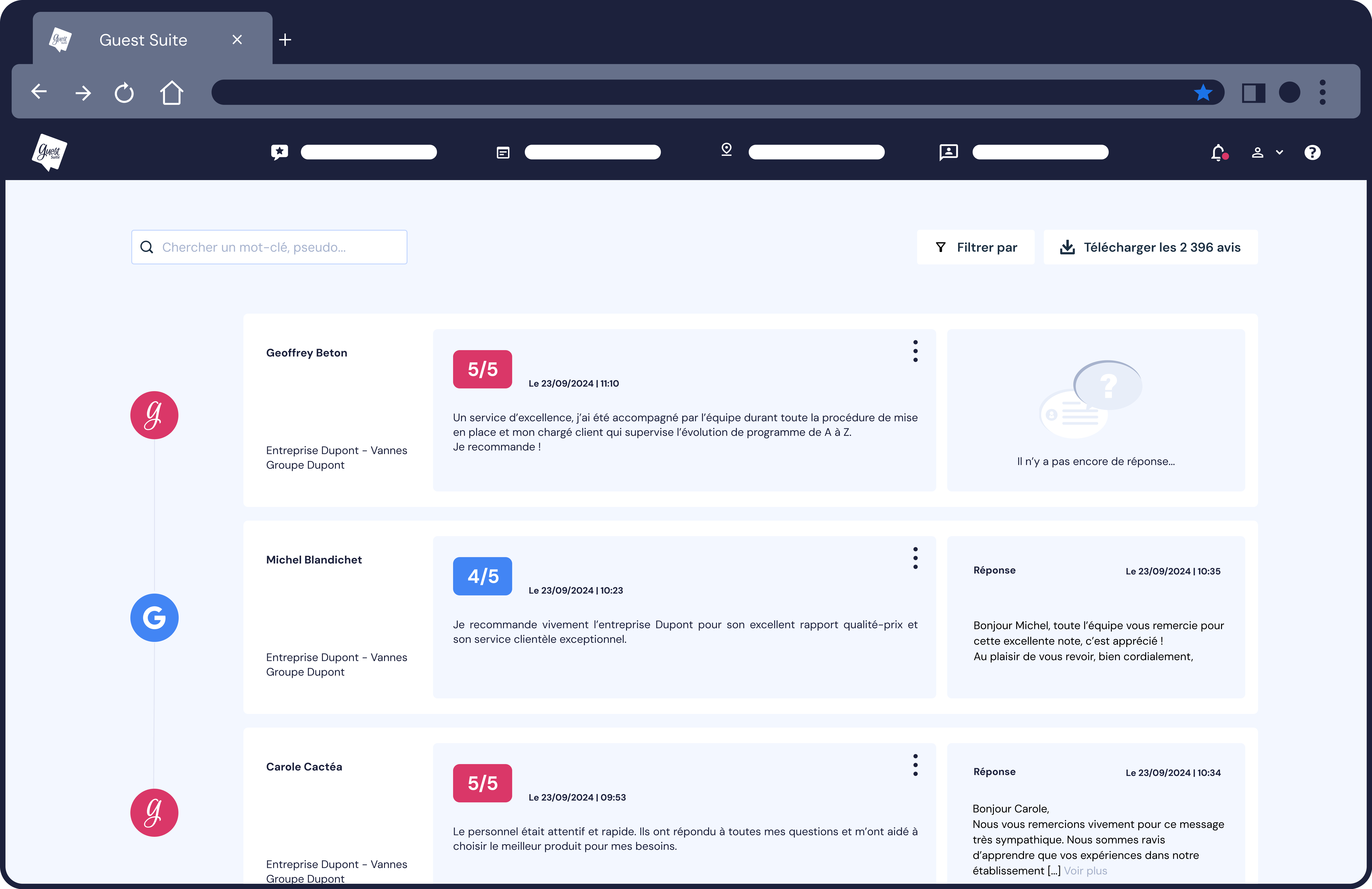 Guest Suite screenshot: Guest Suite review feed interface