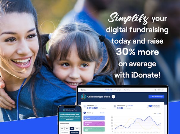 iDonate screenshot: Digital Fundraising Simplified! Simple tools. Simple configurations & integrations. Simple execution of intelligent fundraising & conversion strategies. All on a foundation of shared values and a focus on their mission, with unrivaled customer service.