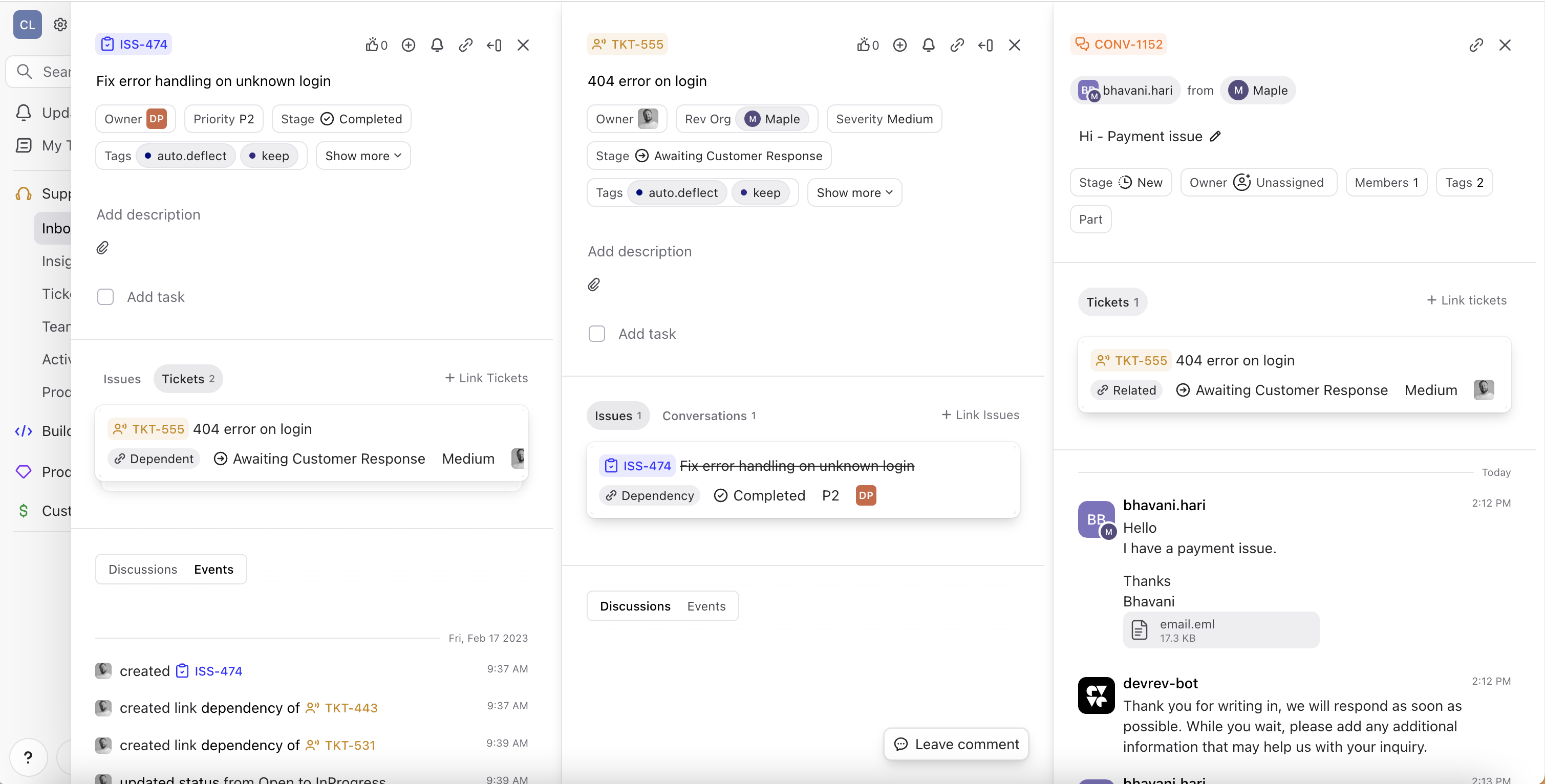 Tie customer, product, + engineering records into one. A Customer Conversation leads to a Ticket which leads to an Engineering work item. Cross-Functional automations snap-in in your workspace and issue updates from product teams reach customer tickets.