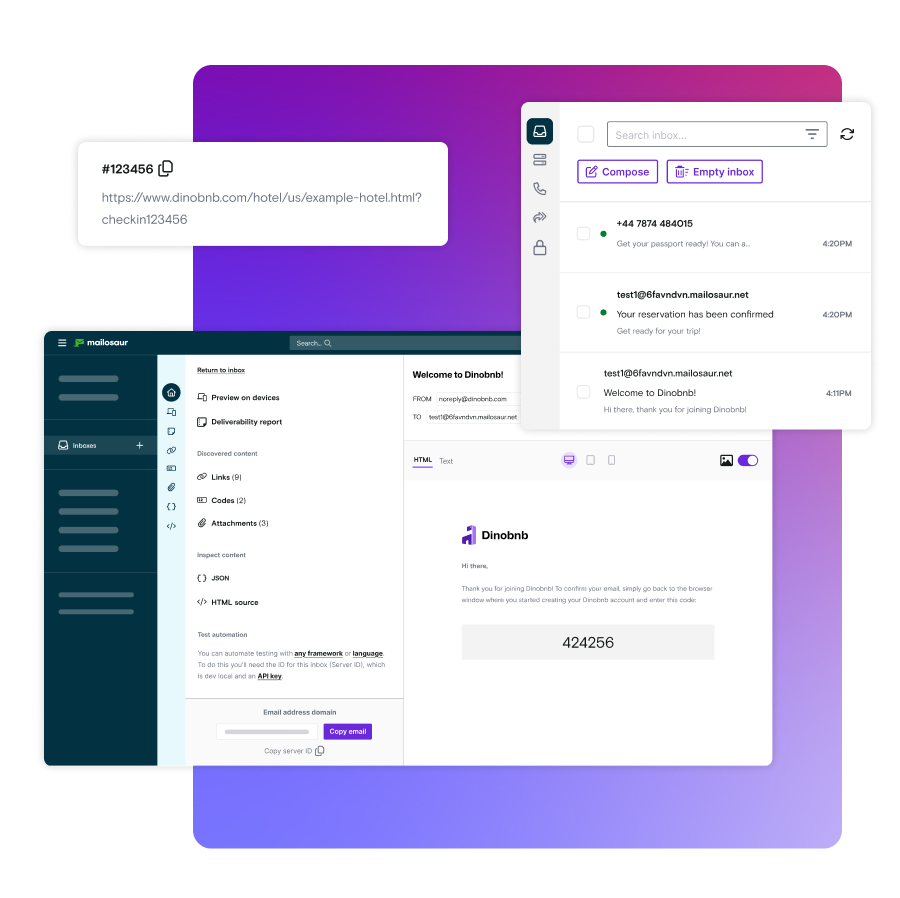 Mailosaur screenshot: Mailosaur platform showing the email testing facility including testing email addresses & inbox