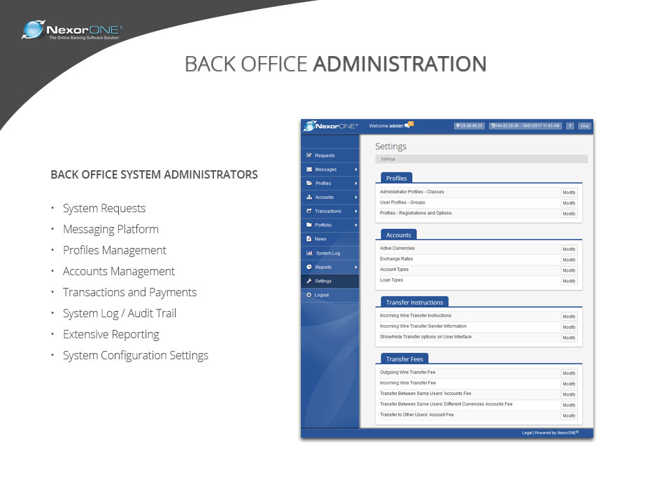 NexorONE back office administration