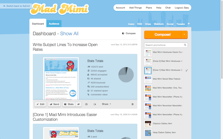 Mad Mimi screenshot: Create, send, share and track email newsletters online from the Mad Mimi dashboard