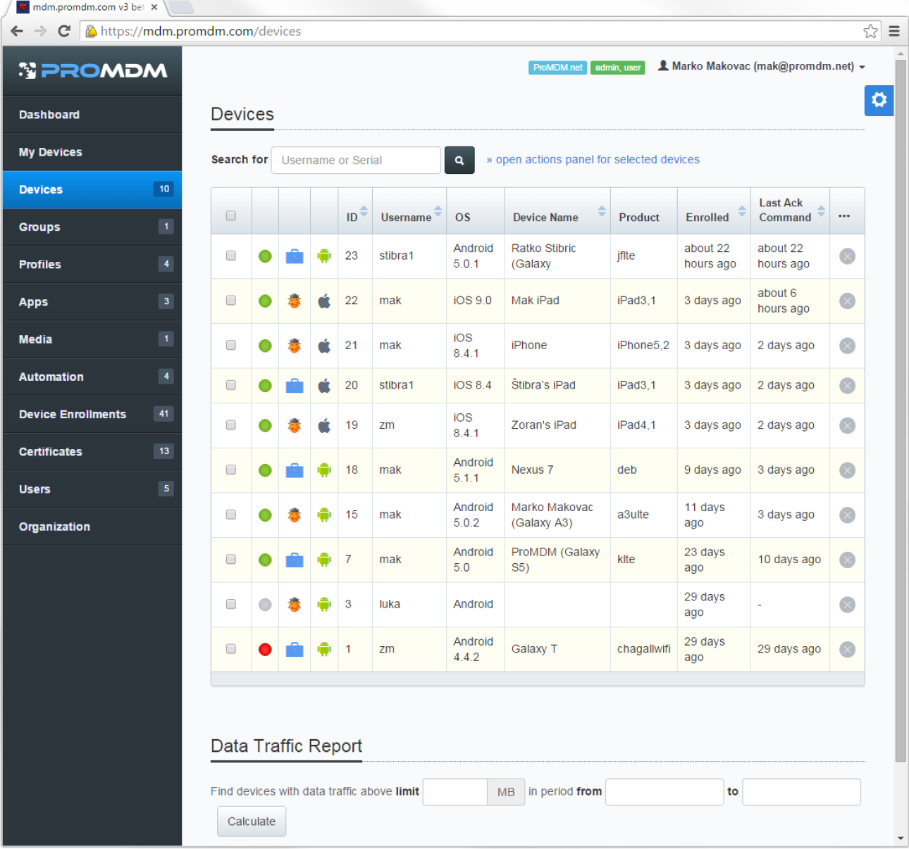ProMDM screenshot: Device configuration of all typical business resource (i.e. e-mail and Exchange accounts, Wi-Fi, VPN and other) is fully automatised, flexible and remote.