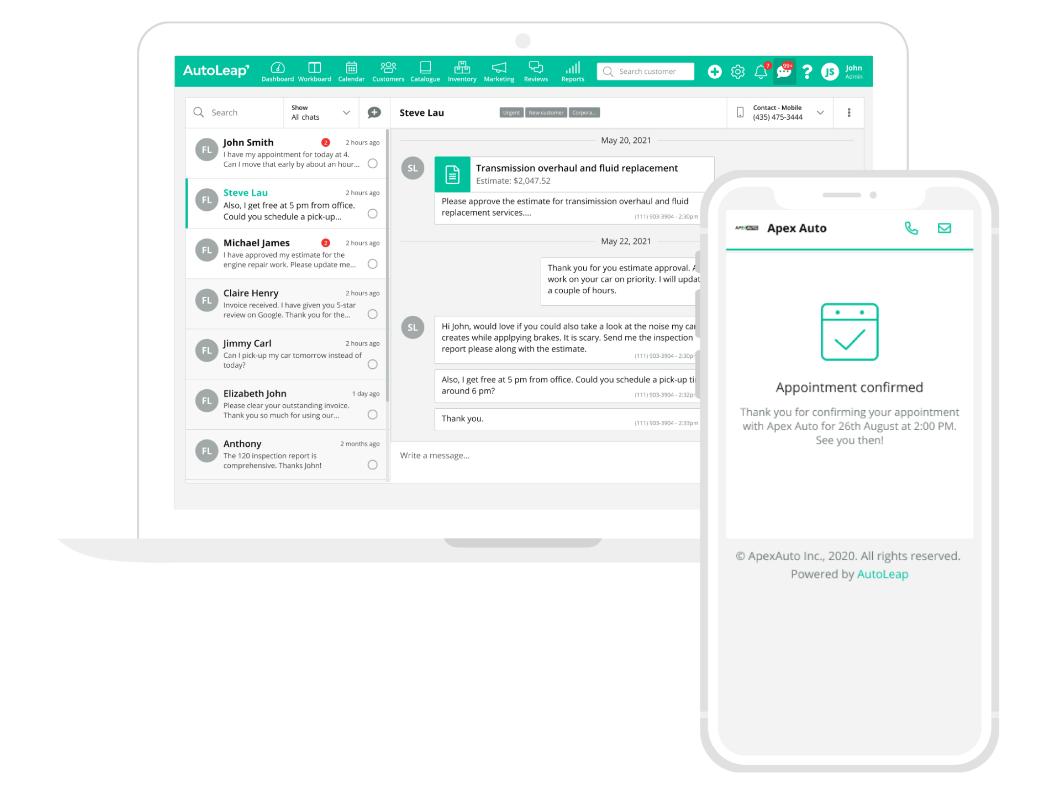AutoLeap Customer Communication - Reduce No Shows by Send automated appointment reminders to keep upcoming repair visits top of mind. Thus, confirm customer appointments in advance and plan ahead effectively.
