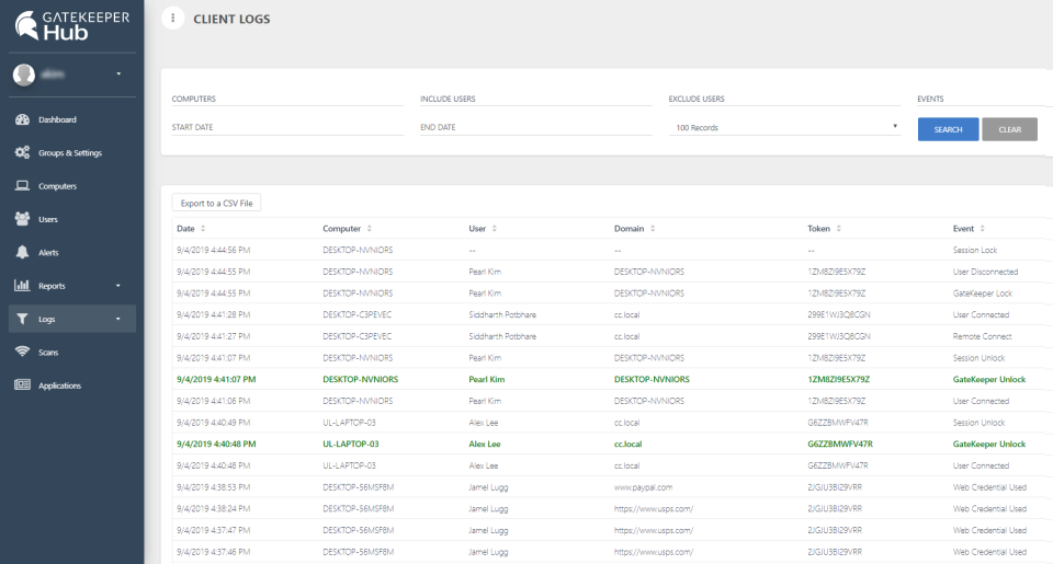 GateKeeper Enterprise client logs for faster compliance auditing.