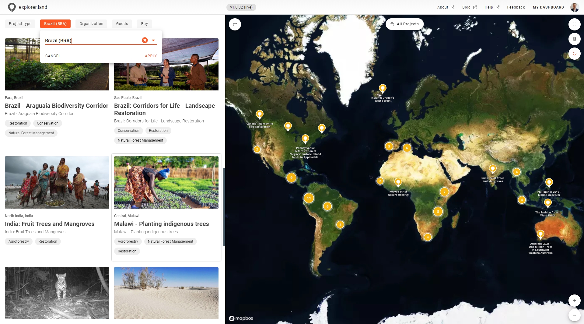 explorer.land screenshot: Global project search page