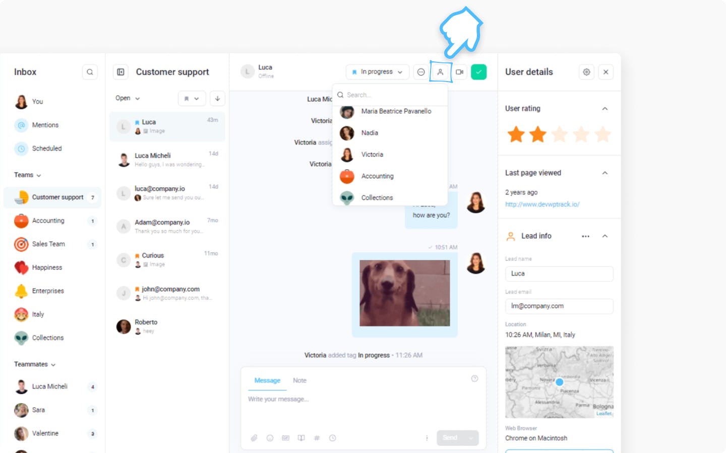 Customerly Software - Assign conversation to teams or teammates