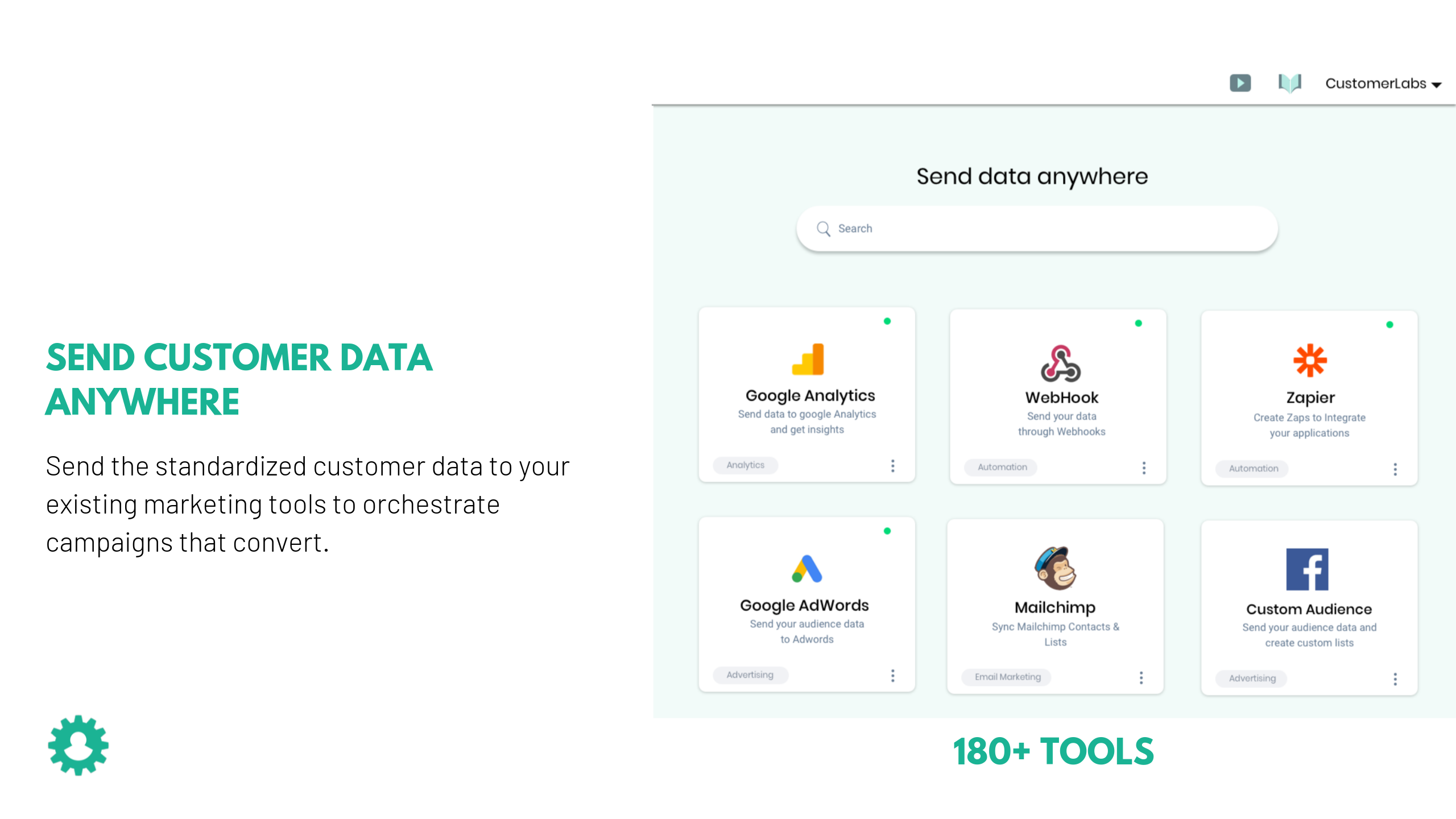 CustomerLabs CDP Software - Sync your standardized customer data to your existing marketing tools. CustomerLabs CDP integrates with more than 180 tools.