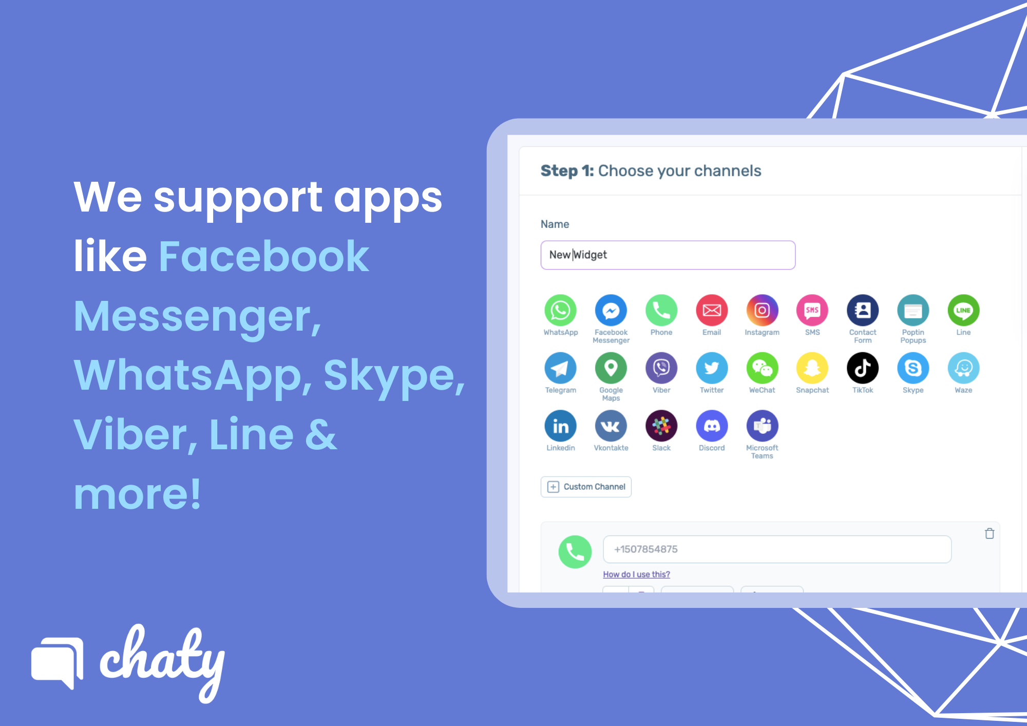 Communication channels supported by Chaty including WhatsApp, Facebook Messenger, Telegram, and 20+ other chat channels channels supported by Chaty