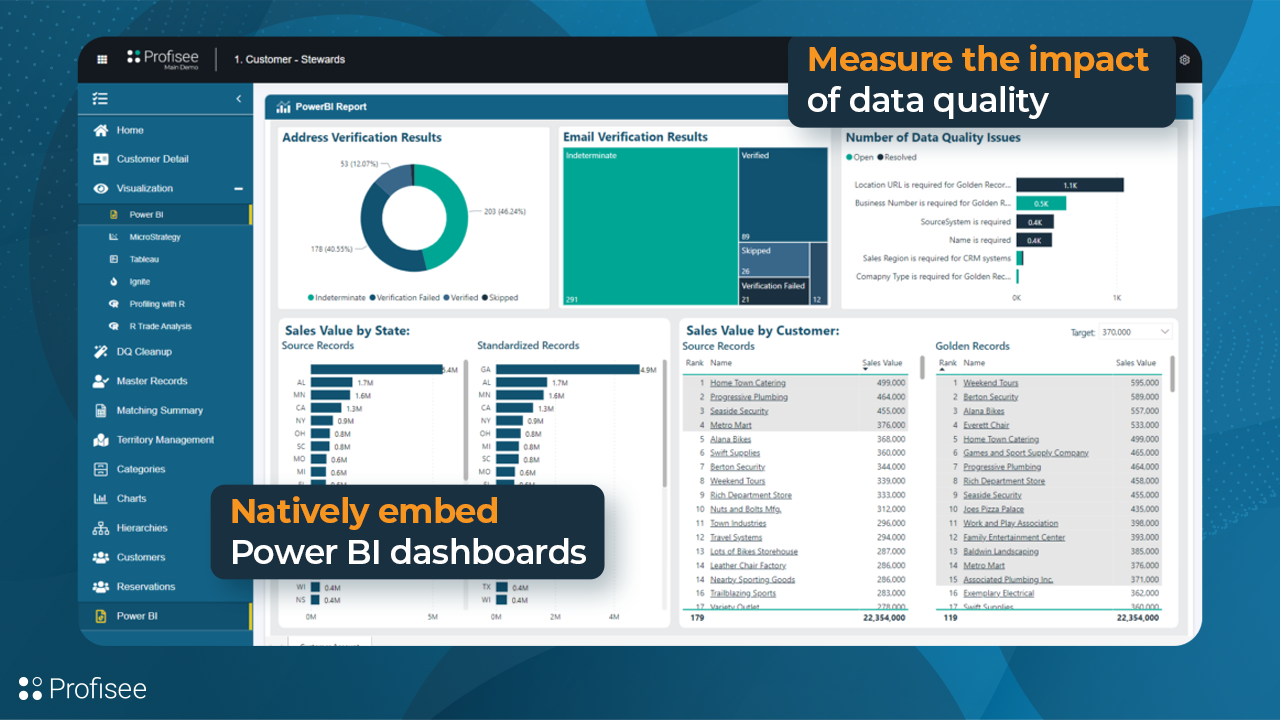 Screenshot of an embeddable analytics dashboards, for content from analytics platforms like Power BI, Tableau or Qlik, so stewards can measure the impact of data management in real-time.