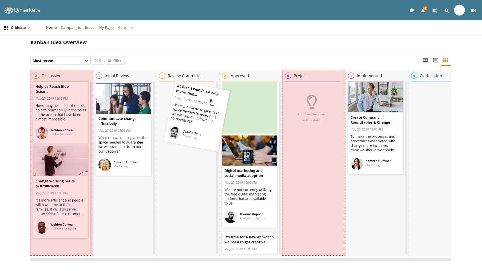 Qmarkets Idea Management Software - Qmarkets' Idea Kanban Board