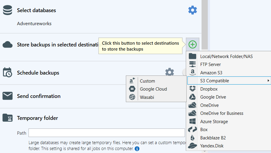 SQLBackupAndFTP Software - Select the destinations for storing the backups. Multiple backup destinations can be set.