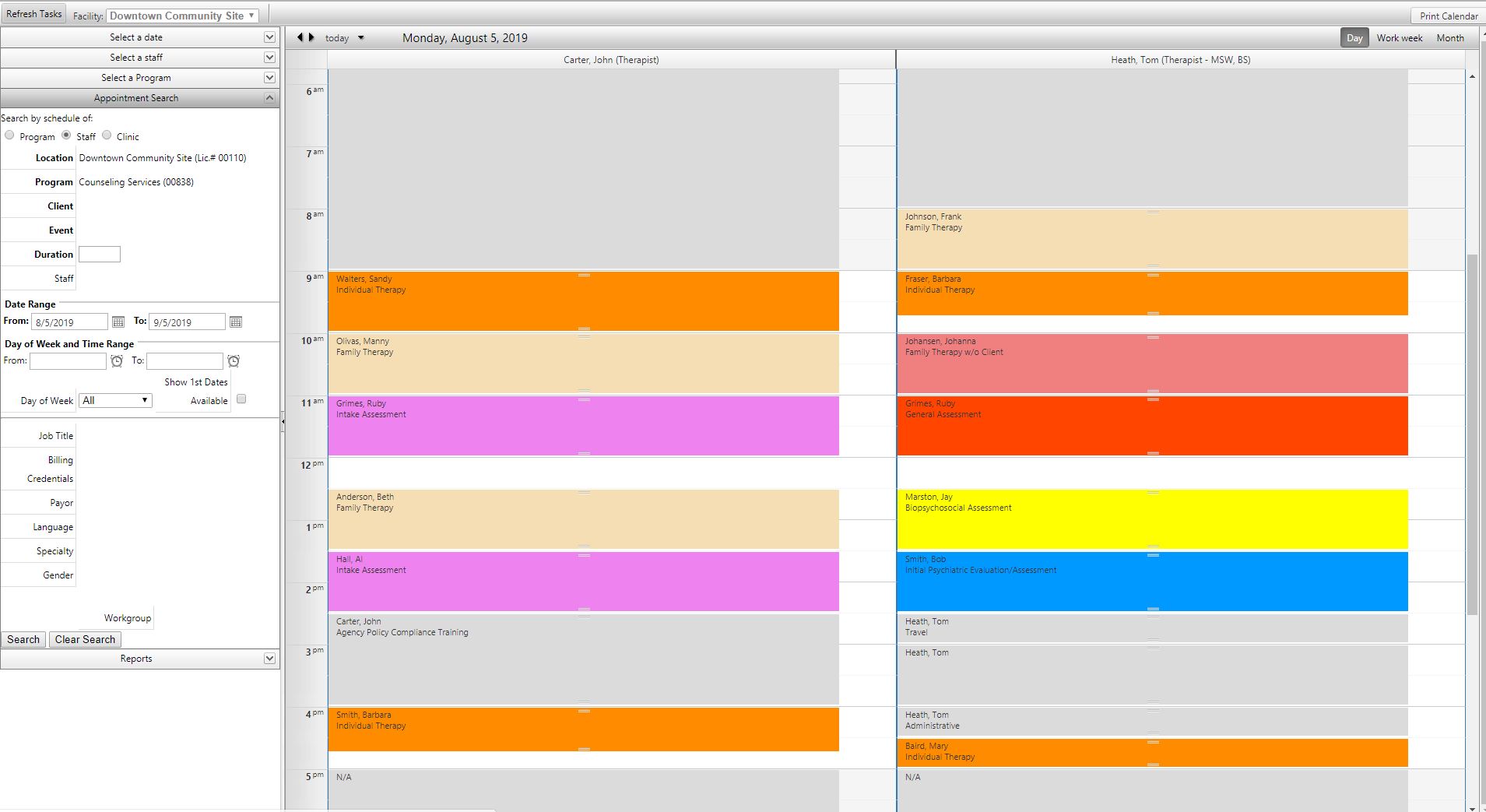 myEvolv screenshot: myEvolv color-coded scheduling
