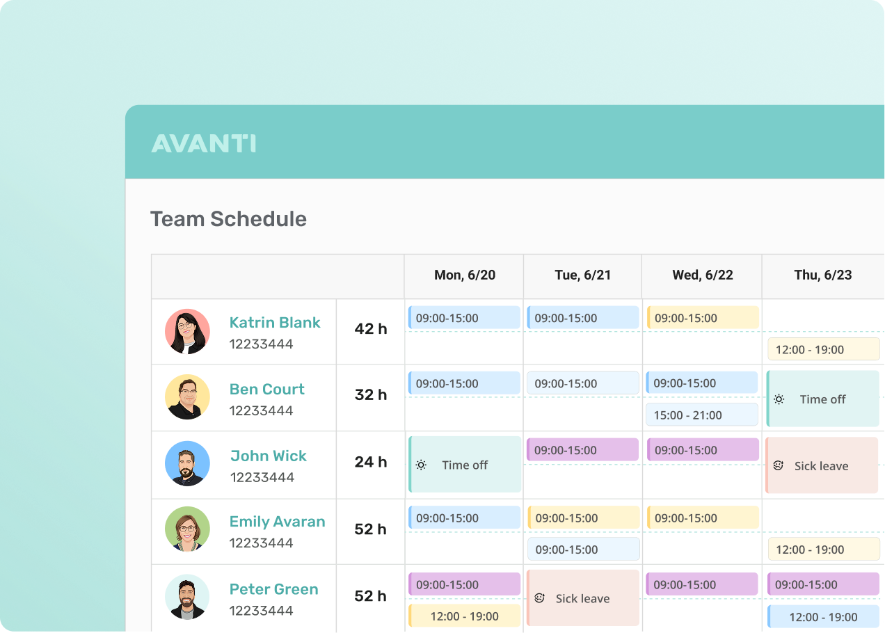Avanti Software - With all your employee data in one place, you can create schedules that account for availability, vacation days, sick days, shift eligibility, and more, all while syncing with payroll.