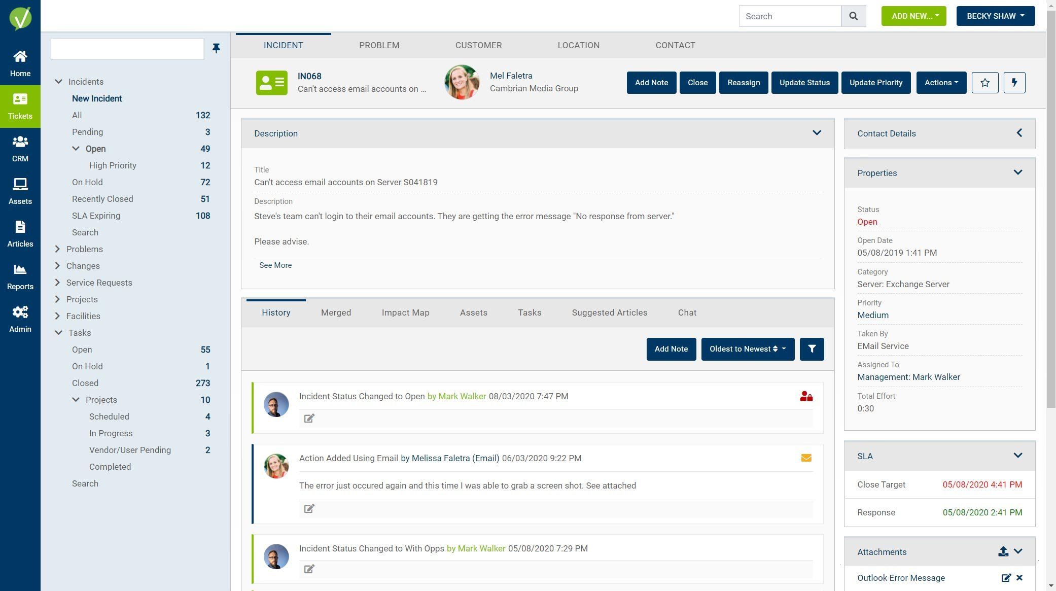 Incident, Problem, Change and Service request views. The layout and fields for each ticket type are fully configurable.