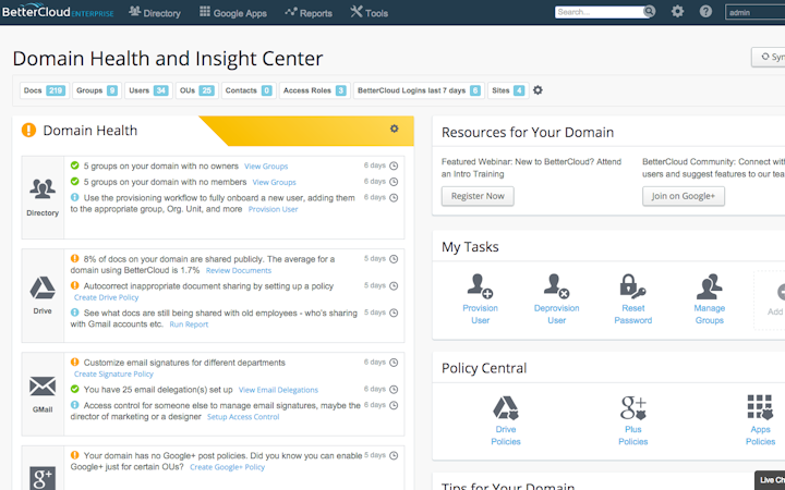 BetterCloud screenshot: Domain Health and Insight Center